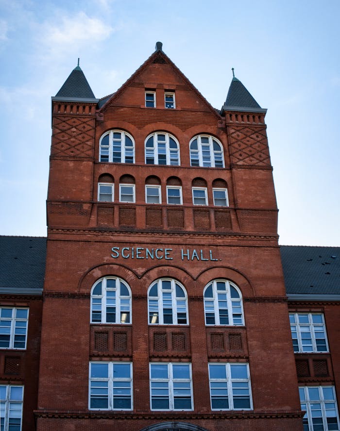 Front view of the iconic Science Hall at the University of Wisconsin, Madison.