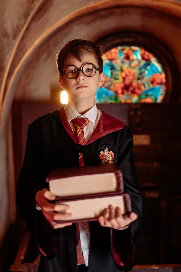 A young boy in wizard attire holding books with a stained glass backdrop.